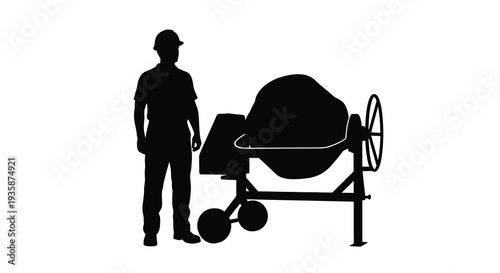 A stark black silhouette depicts a construction worker standing beside a cement mixer highlighting industrial themes silhouette high quality