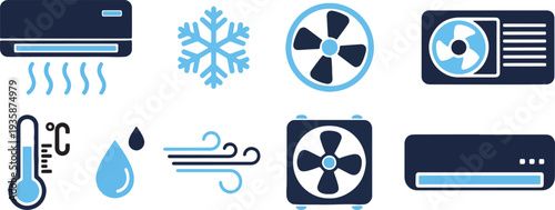 Air conditioning icon Set. Cooling Unit, Fan, Snowflake, Thermometer, Humidity Drop, and Airflow. Indoor Climate Symbol