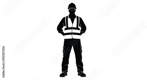 A stark black silhouette of a construction worker wearing safety gear and a reflective vest conveying workplace safety silhouette
