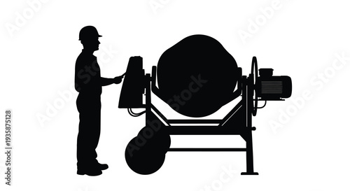 A construction worker stands beside a large concrete mixer depicted as a striking black shape silhouette high quality professional
