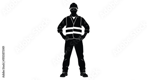 A striking black silhouette depicts a construction worker in full gear hands on hips against a white background silhouette