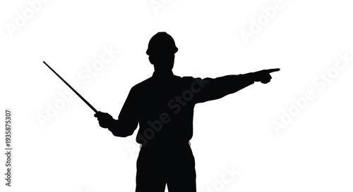 A dark silhouette of a man gesturing forward with a stick pointing emphatically towards the unseen future silhouette