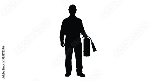 A stark full body silhouette of a firefighter holding an extinguisher showcasing preparedness and safety protocols silhouette high quality professional