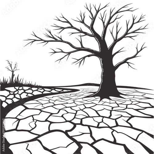 Barren tree on cracked dry earth with dead grass cracked earth