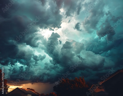 Dramatic storm clouds over mountains and forest under a colorful sky.