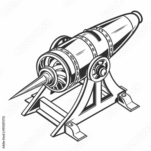 Black and white of a rocket on a launchpad mechanical