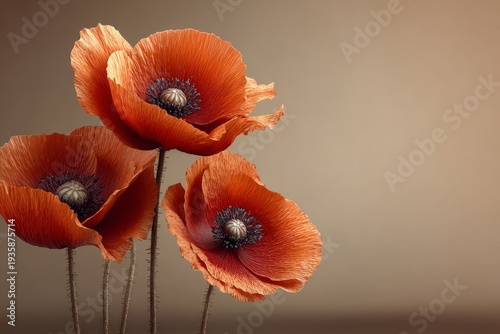 A delicate background and soft focus highlight vibrant red poppies for gentle floral aesthetics