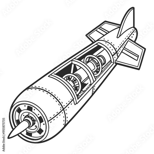 Black and white of a cutaway missile technical rocket