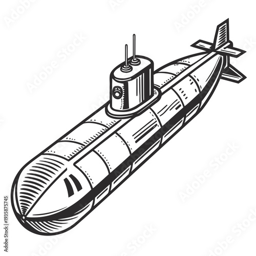Black and white of a submarine nautical vehicle underwater