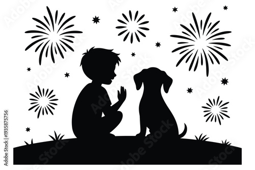 Silhouette of boy and dog watching fireworks on grass with stars for independence day or new year celebration