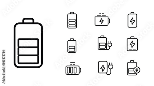 Battery Storage and Energy Technology Line Icon Set Power Backup Charging System Editable Stroke Vector Illustration