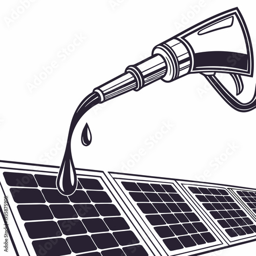 Pouring liquid petroleum from nozzle onto solar panel