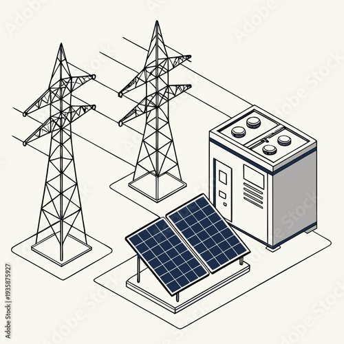 Isometric of power transmission towers and solar panels with electrical cabinet