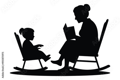 Silhouette of grandmother reading book to child in rocking chairs on transparent background vector illustration family concept