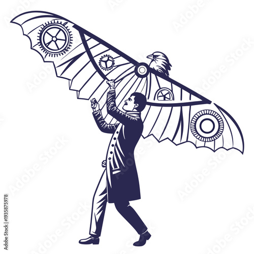 Man holding large mechanical wing with gears and bird head