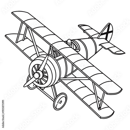 Black and white of a vintage biplane with a spinning propeller