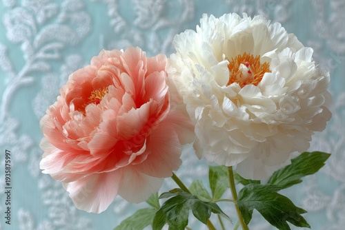 A sophisticated, verdant floral display with pastel white and peach flowers in refined tones