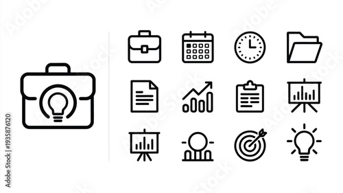 Business and office outline icon set with briefcase, calendar, chart, document and corporate symbols isolated vector collection
