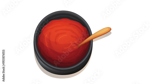 Thick Red Chili Paste or Tomato Sauce in a Black Ceramic Bowl with a Wooden Spoon Isolated on White Background
