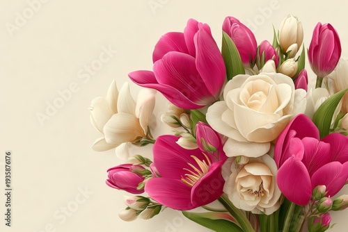 A refined floral arrangement showcasing soft pink tulips and white roses for home decor design