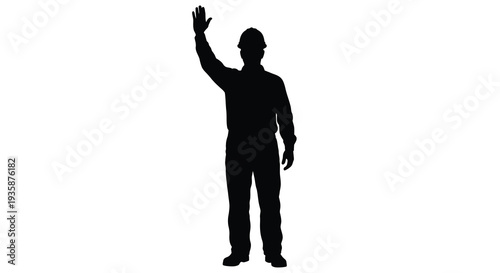 A solitary construction worker raises a hand in greeting depicted as a stark black silhouette high quality professional detailed