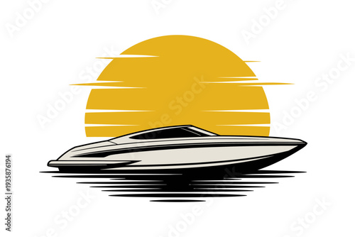 A sleek speedboat sailing across calm waters against a vibrant golden sunset