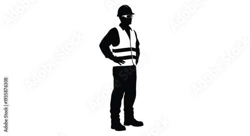 A stark black silhouette depicts a construction worker in protective gear hands on hips against a white background silhouette