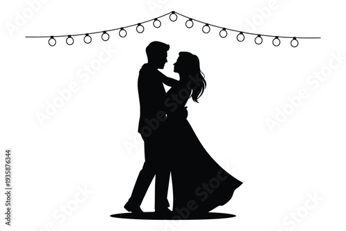 Silhouette of romantic dancing couple under string of lights on transparent background for event celebration design