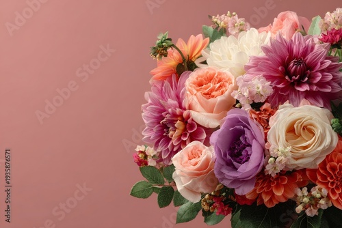 A soft pastel floral arrangement featuring peach roses and white blooms on a light pink background