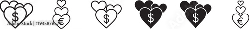 Three heart symbols with a currency sign line icon set. Love money finance vector outline collection.