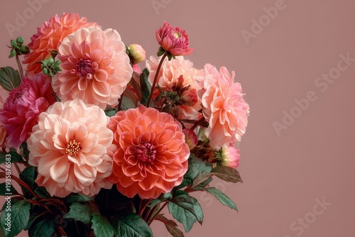 Soft pastel floral display, with peach roses and white blooms, against a light pink background