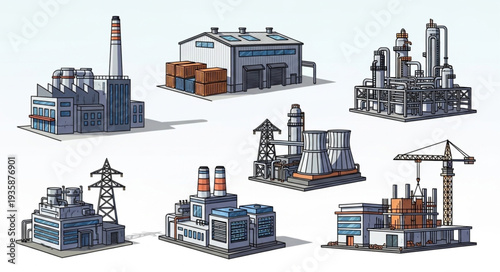 Collection of Industrial Factory Buildings and Power Plants.
