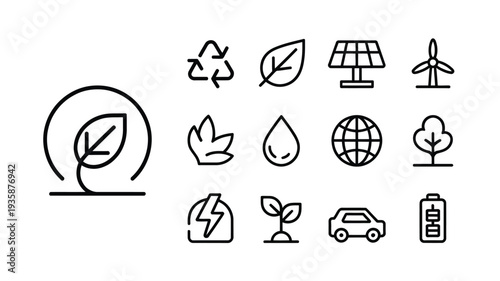 Eco and sustainability outline icon set with recycle, solar panel, wind turbine and electric car symbols isolated vector collection