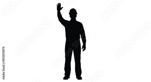 A solitary construction worker raises a hand in greeting appearing as a stark black silhouette high quality professional detailed