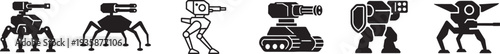 Armed military robot with weapon icon set. Futuristic combat drone defense vector icon collection set.