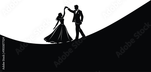 Elegant Couple Dancing Silhouette Vector Illustration, Romantic Ballroom Dance Scene, Bride and Groom Style Love Concept Isolated Design