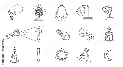 Collection of hand drawn light bulb icons and symbols.