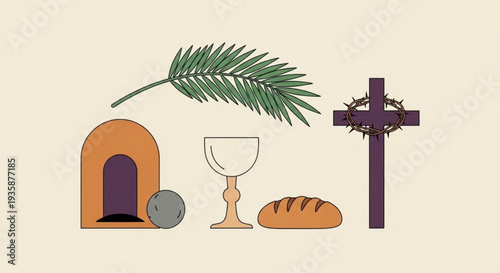 Easter symbols including palm leaf cross bread wine and tomb representing resurrection and holy communion