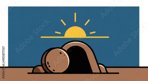 Tombstone rolled away at sunrise symbolizing new beginnings and freedom from darkness