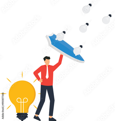 Businessman protecting intellectual property creative idea business security innovation defense lightbulb shield flat design digital concept corporate strategy successful innovation risk management