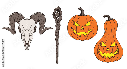 Ram Skull Twisted Staff and Carved Jack o lantern Pumpkins for Halloween Decoration and Spooky Holiday Themes