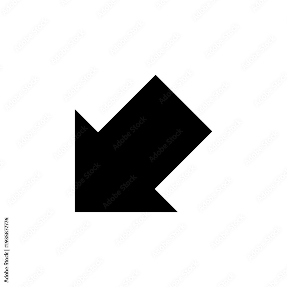 Obraz premium A solid black arrow icon pointing diagonally downwards to the left, indicating a specific direction