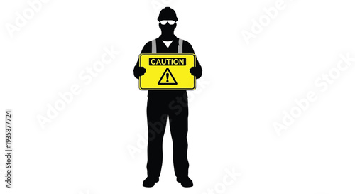 A construction worker stands holding a yellow caution sign depicted in a stark dramatic silhouette high quality professional detailed