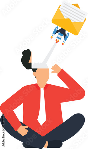 Sitting man launching business communication email marketing rapid delivery strategy creative thinking fast message digital mail startup idea quick response flat design