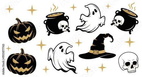 Spooky Halloween Black and Gold Objects Pumpkins Ghosts Witch Hat Cauldron with Skull and Scattered Stars