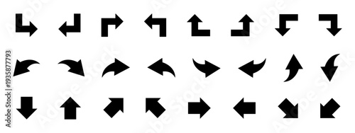 A comprehensive collection of diverse black arrow icons in various shapes and directions, suitable for navigation and interface design.