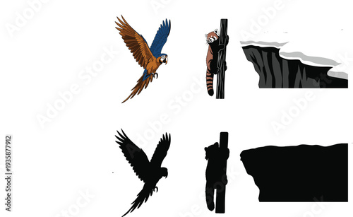 A set of vector silhouettes of wild animals including a black eagle, hawk, and flying raven illustration with detailed wings and feathers for nature tattoo design symbols or bird art