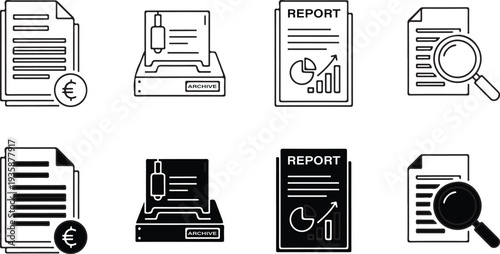 WebaOffice document line icons collection. Editable stroke vector illustration of papers, folders, acceptance checkmark, clipboard notes, invoice form, archive storage, report file and search elements