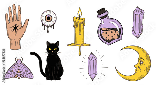 Mystical Collection of Occult and Witchcraft Symbols Including a Hand Eye Candle Potion Bottle Crystals Cat Moth and Crescent Moon