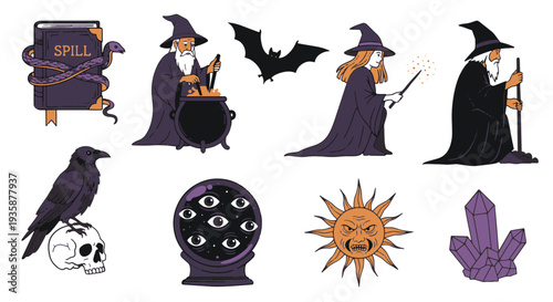 Magical Objects Including a Book with Snake Cauldron Bat Crystal Ball Sun Crystals and Witches